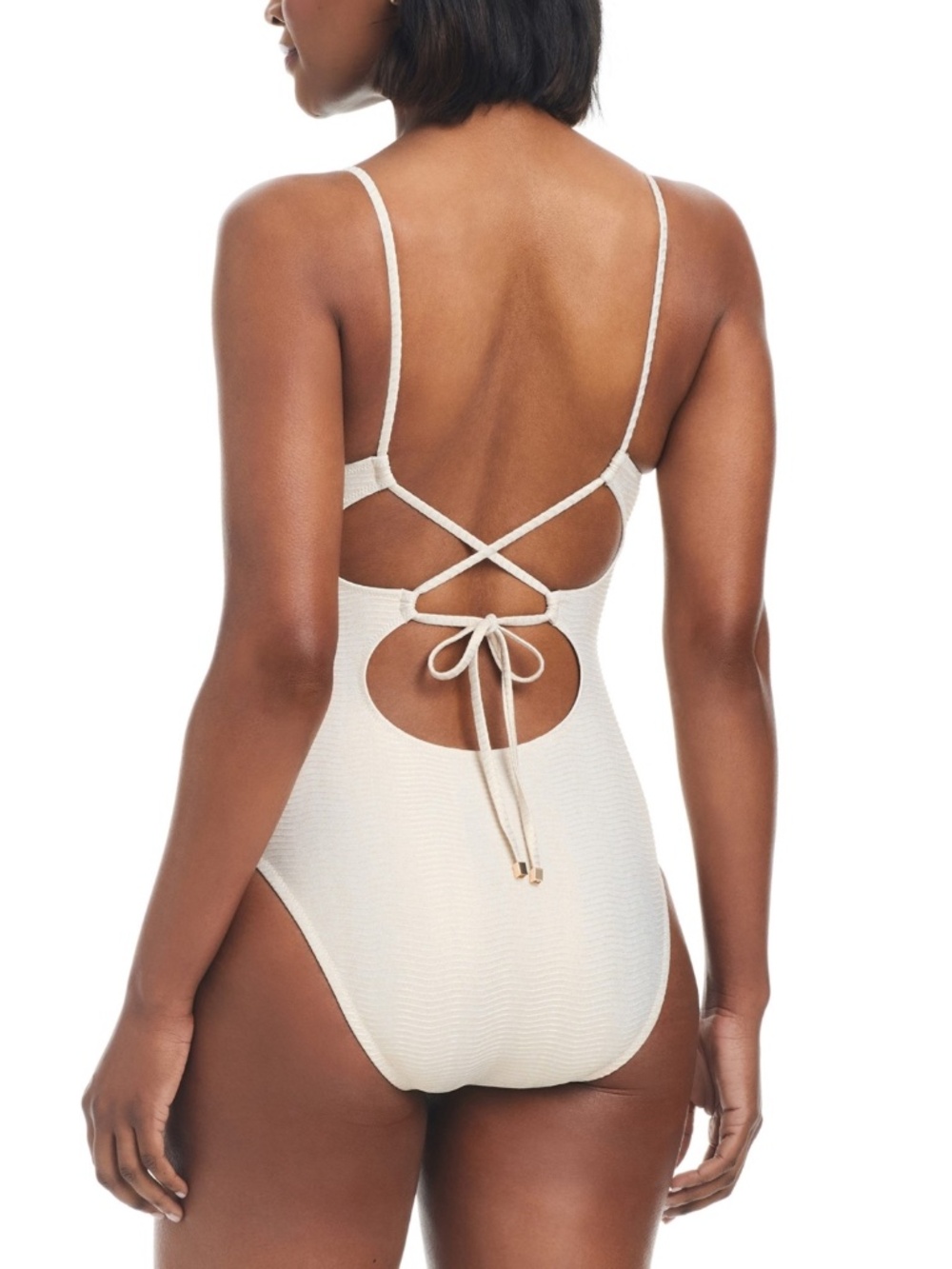 Bar Iii Women's V-Wire Plunge-Neck One-Piece Swimsuit, White/Gold Shimmer - Picture 3 of 3